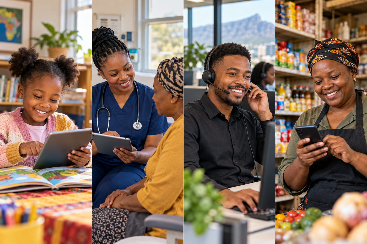Illustrative scenes of a child learning, a nurse consulting a patient, a call centre agent and a shop owner using technology